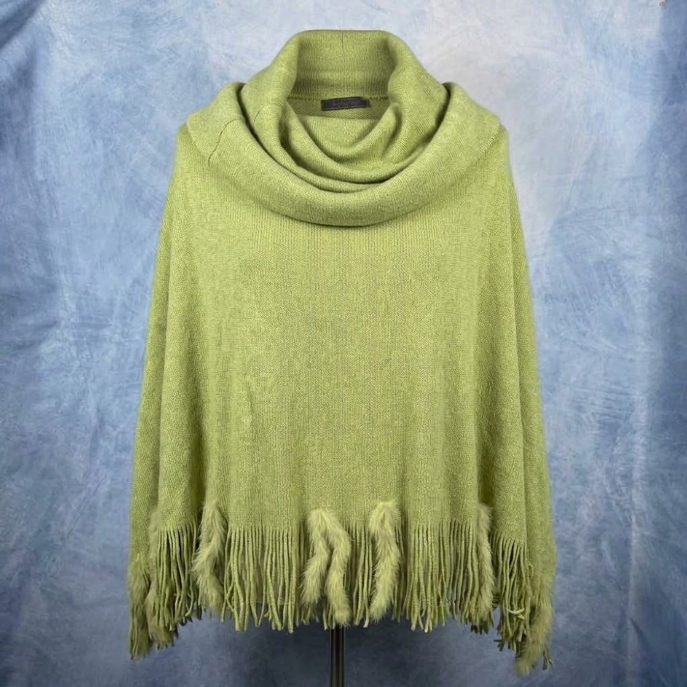 Sao Paulo Womens Lime Green Cowl Neck Knit Ponho Fringe Rabbit Fur Trim Trim